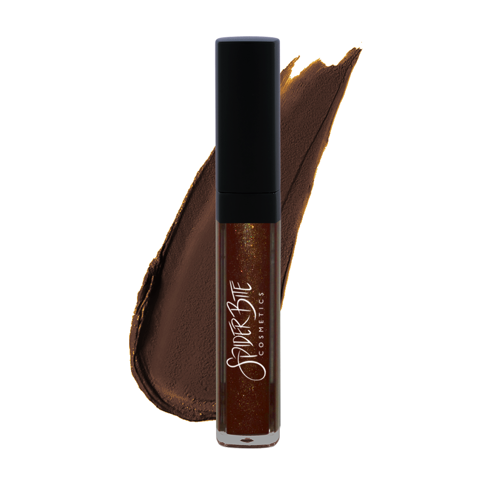 dark brown liquid lipstick with metallic finish