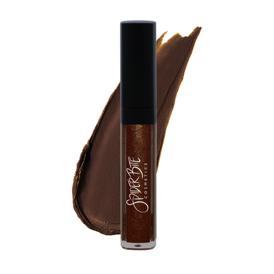 dark brown liquid lipstick with metallic finish